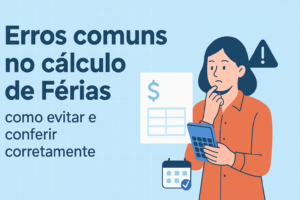 Ilustração sobre erros comuns no cálculo de férias, mostrando uma pessoa conferindo valores com calculadora e ícones de alerta.