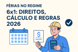 Ilustração explicando os direitos de férias para quem trabalha no regime 6x1, incluindo cálculo, descanso, pagamento e regras da CLT.
